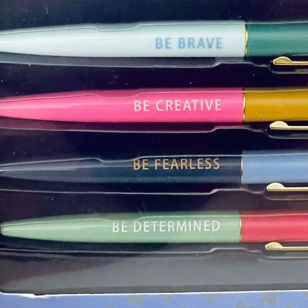 NWT ECCOLO set of 4 Inspirational graphic ballpoint Pens Gift Set Brave Fearless